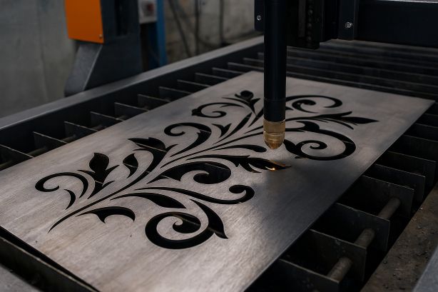 Decorative steel panel with a flowing pattern, laser-cut